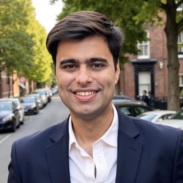Varun Chopra wearing a navy blazer in London